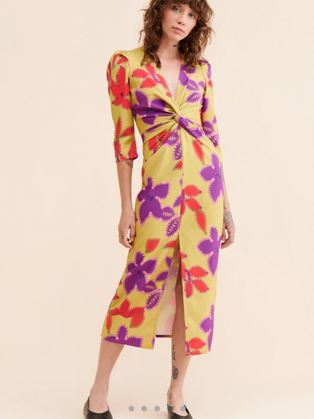 Free People/Nuuly Laagam Lea Yellow Floral Twist-Knot Midi Dress with Side Slit - Picture 4 of 4
